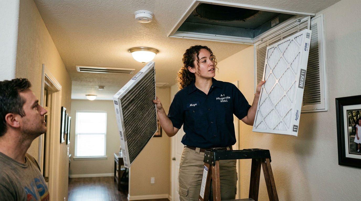 HVAC technician replacing high efficiency pleated return air filter in residential ceiling grille