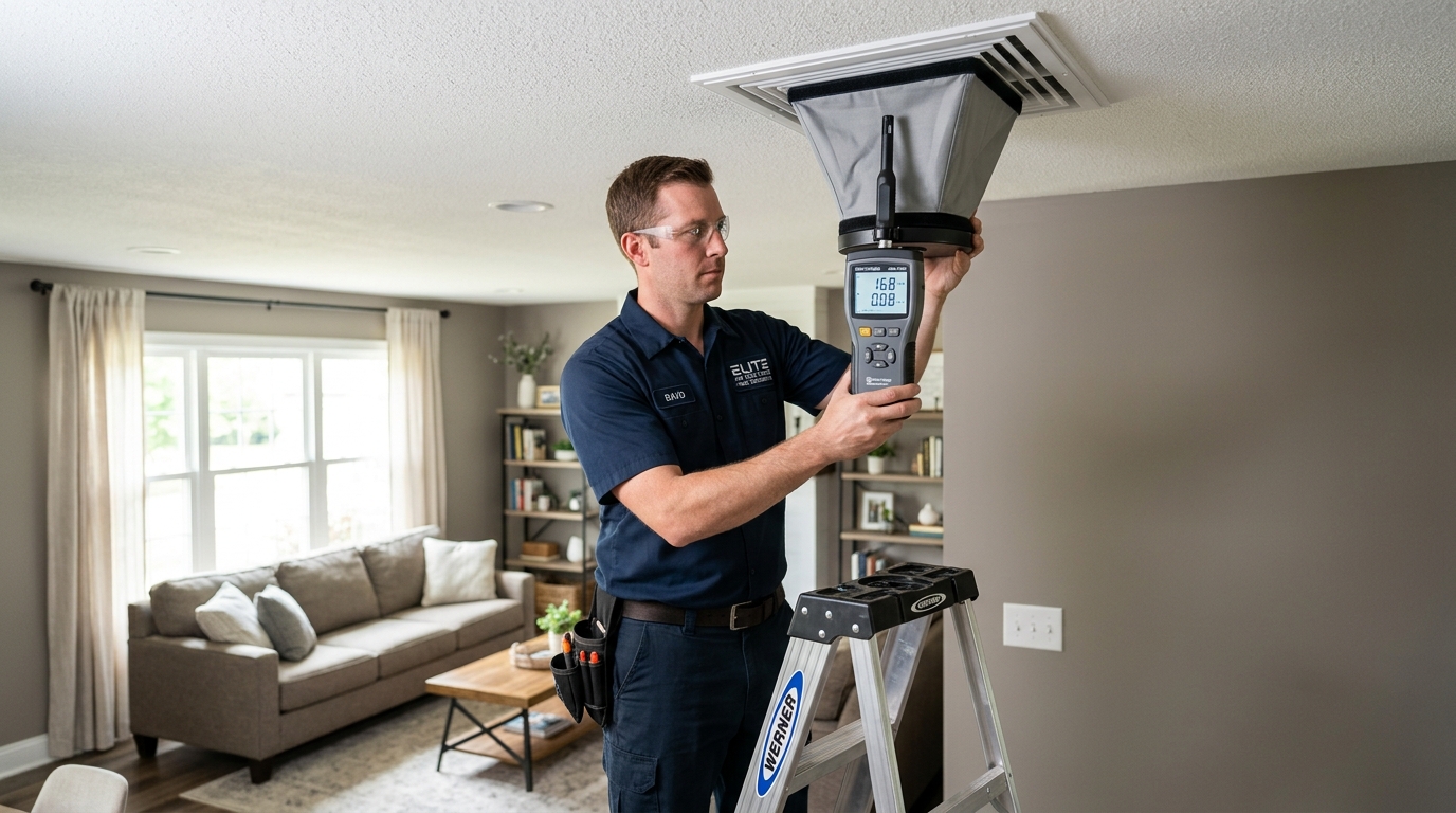 HVAC technician testing airflow CFM with digital balometer capture hood at ceiling supply register in Pflugerville