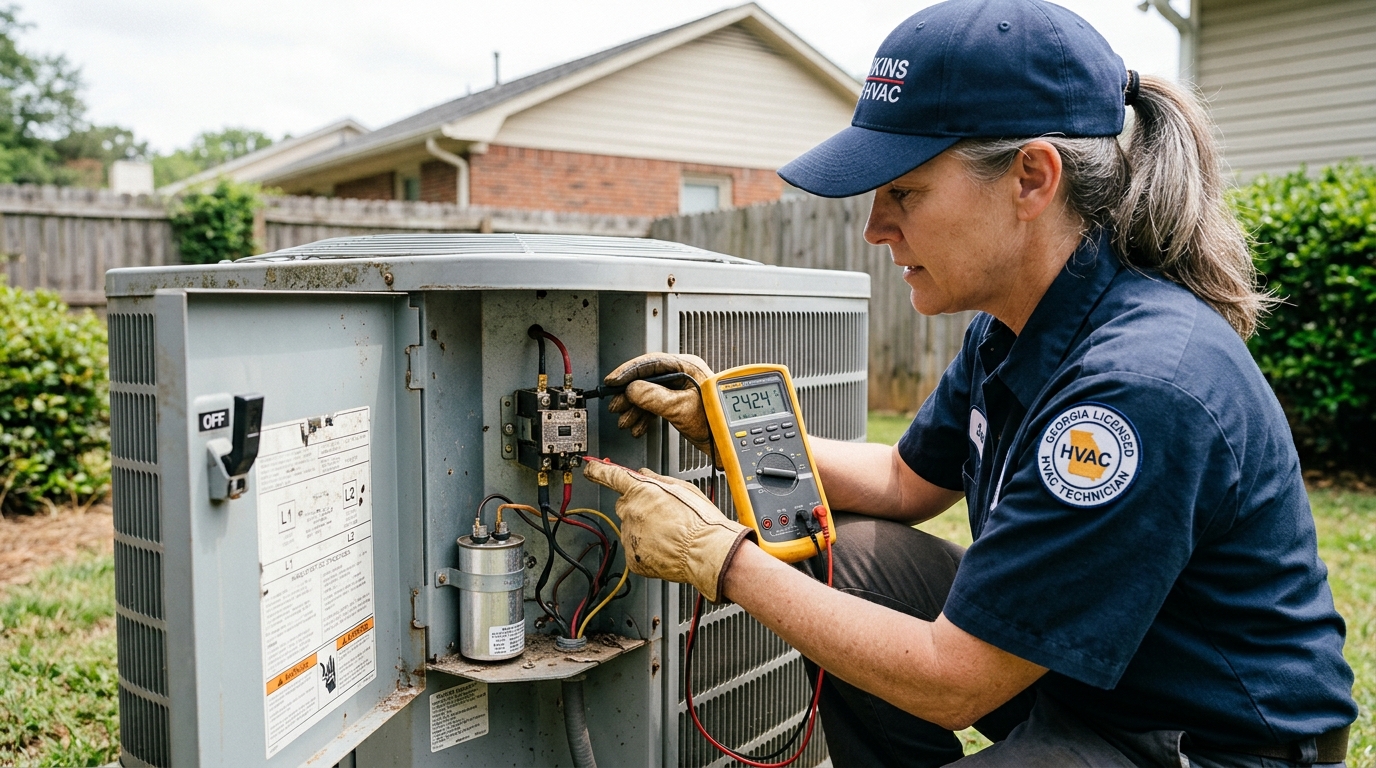 HVAC technician testing voltage and pitted contactor in outdoor air conditioner panel