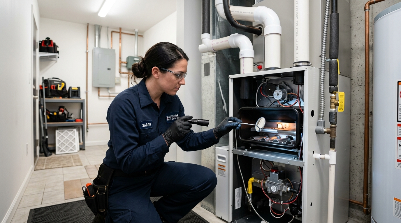 Certified HVAC technician inspecting high-efficiency residential gas furnace burners and igniter assembly in Pflugerville