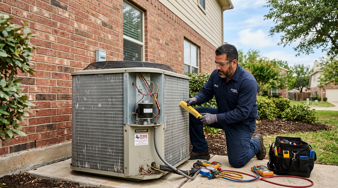 Certified HVAC technician servicing an outdoor heat pump unit and checking coil fins in Pflugerville TX