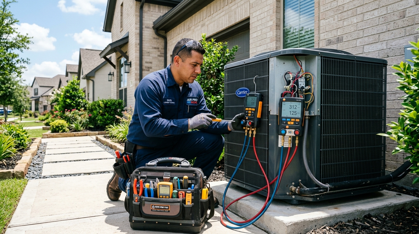 Texas licensed HVAC technician troubleshooting residential condenser unit outside Falcon Pointe home in Pflugerville TX