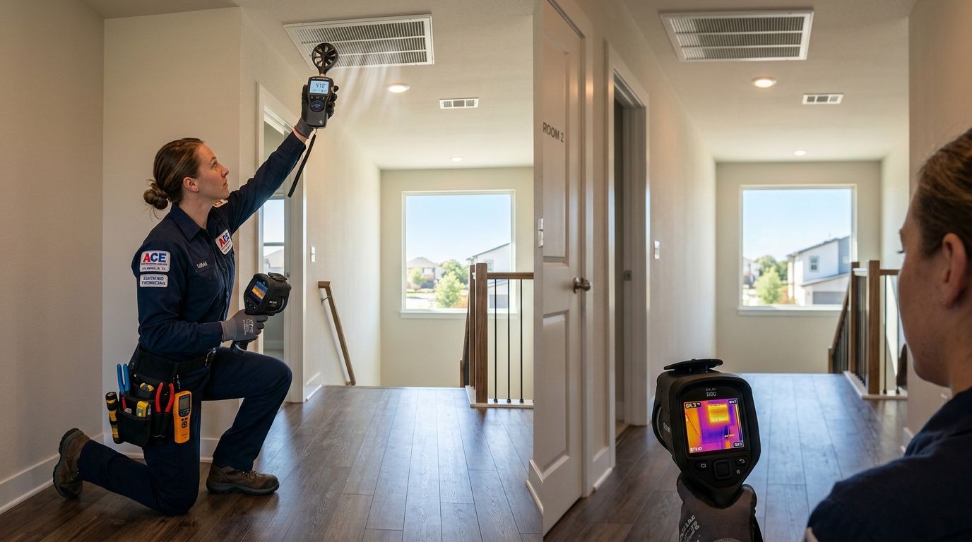 HVAC technician measuring supply register airflow and temperature in two-story Pflugerville home